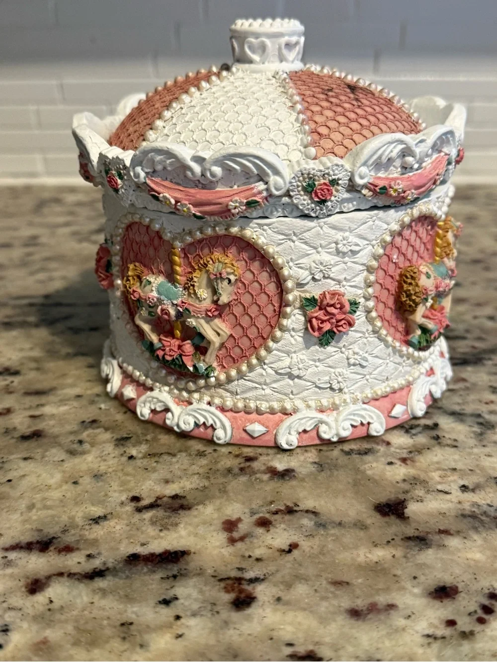 Vintage Ornate Pink & White Carousel jewelery Box - Decorative Home Art